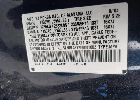 2005 Honda Odyssey Ex-L z USA, uszkodzony, nr VIN 5FNRL38725B001662